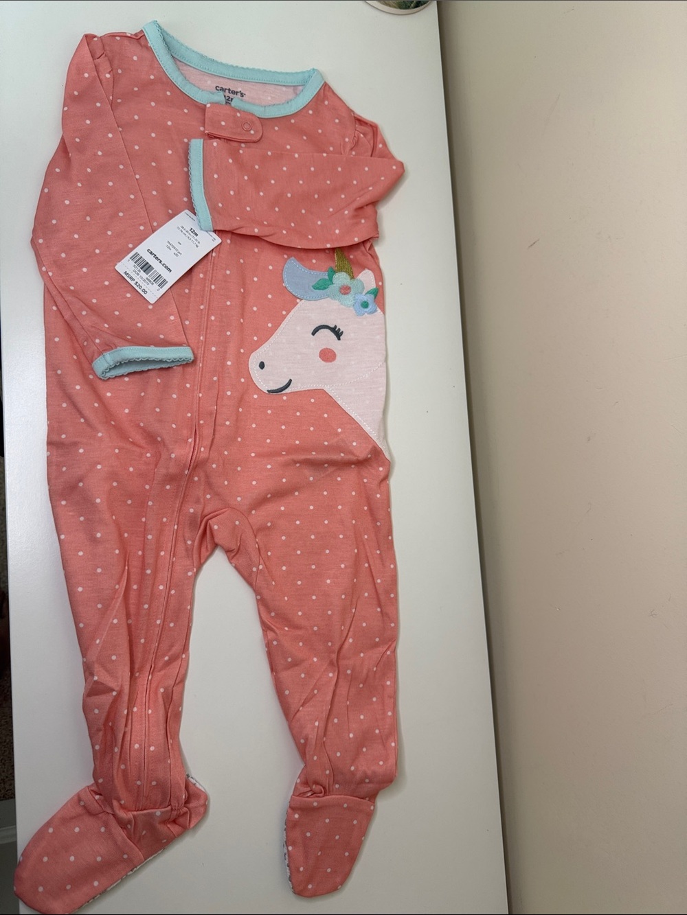 Carter's Coral Pink Polka Dot Unicorn Footed Pajamas with Light Blue Trim
